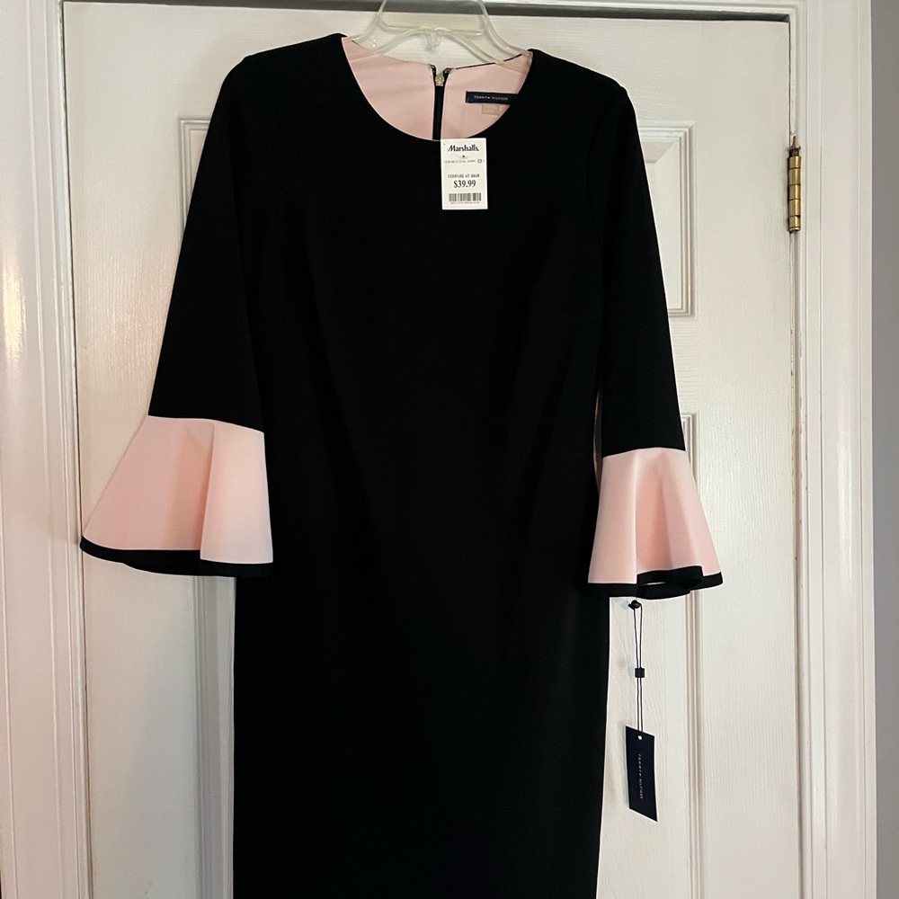 Tommy Hilfiger Black and Pink Sheath Dress with Bell Sleeves
